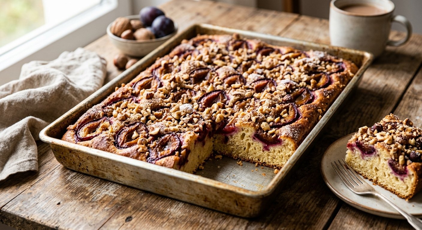 Pflaumenkuchen mit Nüssen – saftig, aromatisch und einfach zu backen. Entdecke dieses köstliche Rezept mit süßen Pflaumen und knusprigen Nüssen.